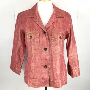 CHICOS Womens Blazer Linen Red Orange Metallic